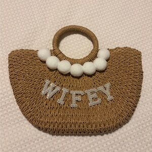 “Wifey” Straw Tote Bag with White Pom Accent